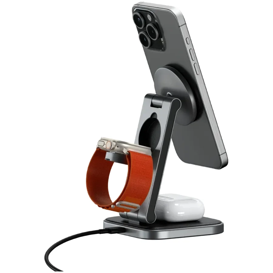 Бездротовий зарядний пристрій Satechi 3-in-1 Foldable Qi2 Stand Space Gray
