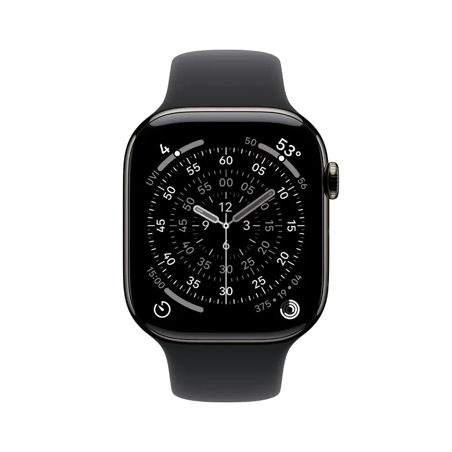 Apple Watch Series 11 GPS + Cellular,  Спортивний ремінець чорного кольору, M/L, 46mm, Slate Titanium
